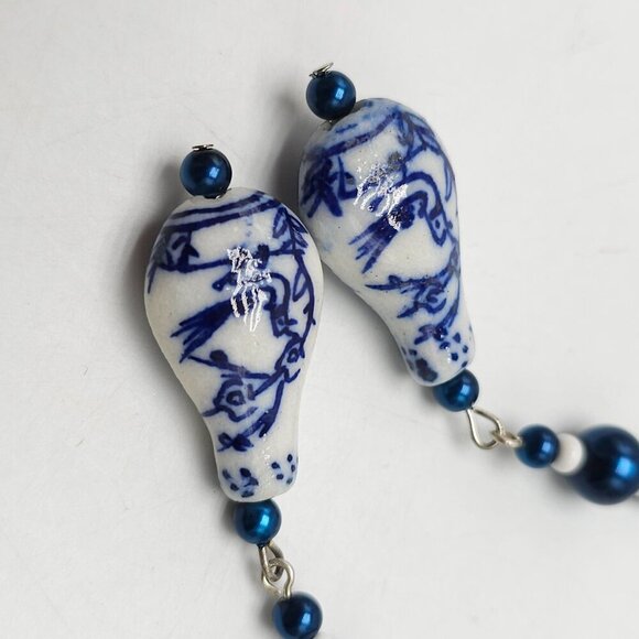 Blue White Bird Asian Ceramic Glass Dangle Drop Earrings Silver Tone Vintage - Picture 3 of 4